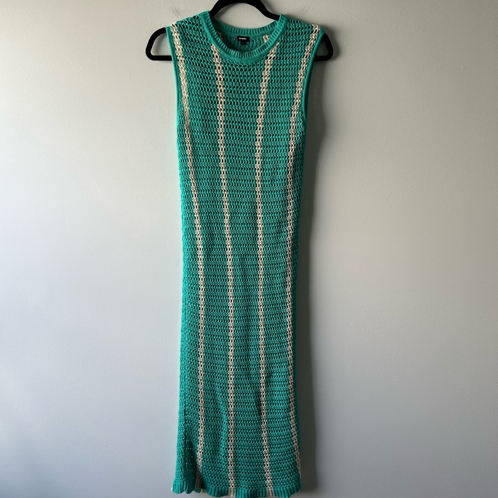 Monrow teal crochet knit sleeveless cotton dress